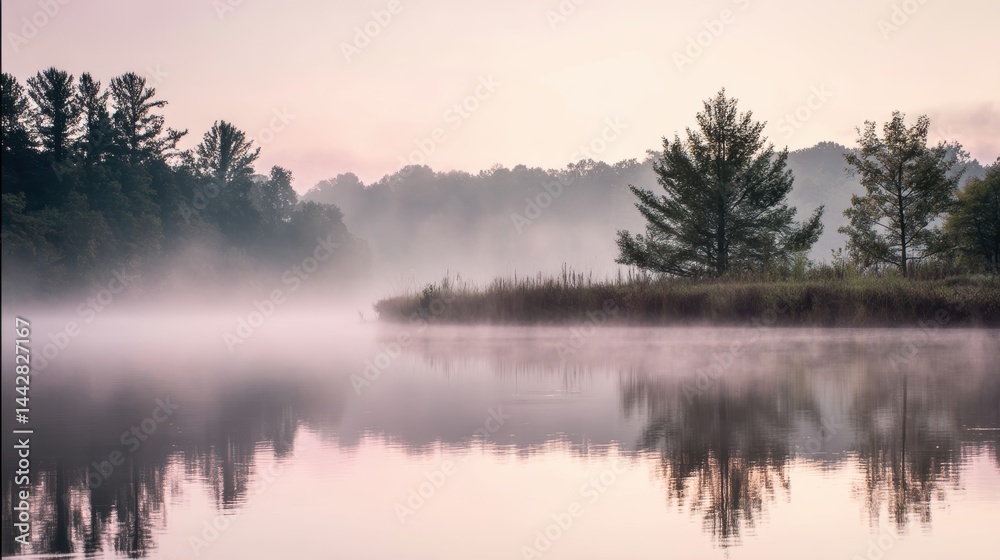 Fototapeta premium Misty lake at dawn with calm waters and rising fog in soft colors creating a serene atmosphere