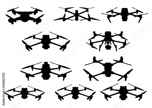 Fpv drone vector silhouette. Quadrocopter air drones icon set for graphycs.