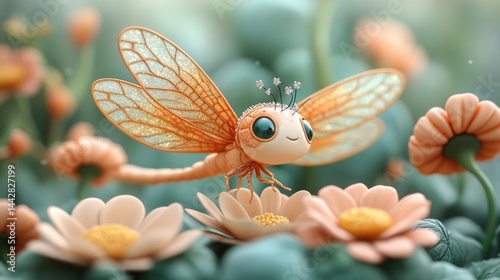 Cute cartoon dragonfly perched on flower in garden.