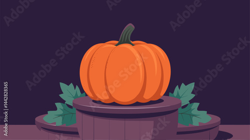 A colorful vector illustration depicting a plump orange pumpkin on a circular pedestal, surrounded by green leaves against a dark background. Perfect for autumnal themes.