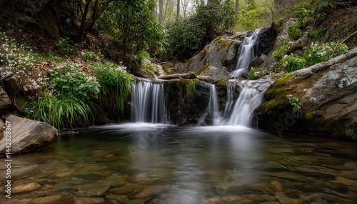 A long exposure waterfall photograph creates a smooth, silky water effect