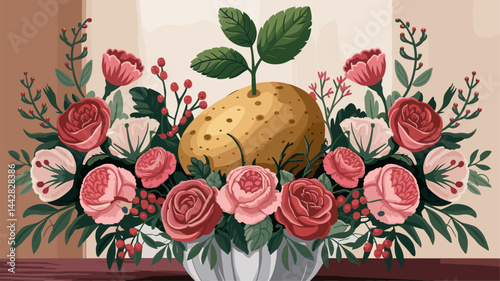 A whimsical floral arrangement showcasing a golden potato with a single green sprout at its top, surrounded by vibrant pink roses and lush greenery, set against a soft background. Ideal for...