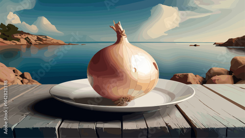 A stylized vector image of a fresh onion placed on a white plate, set against a serene water backdrop. Perfect for culinary and nature themes.