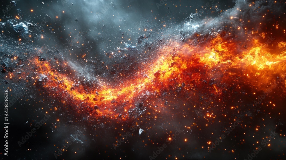 Obraz premium Fiery cosmic stream of burning rocks and gas in space.