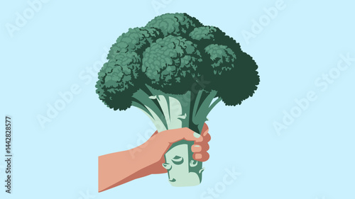 A vibrant illustration of a hand holding a bunch of fresh broccoli against a light blue background, symbolizing healthy eating and nutrition.