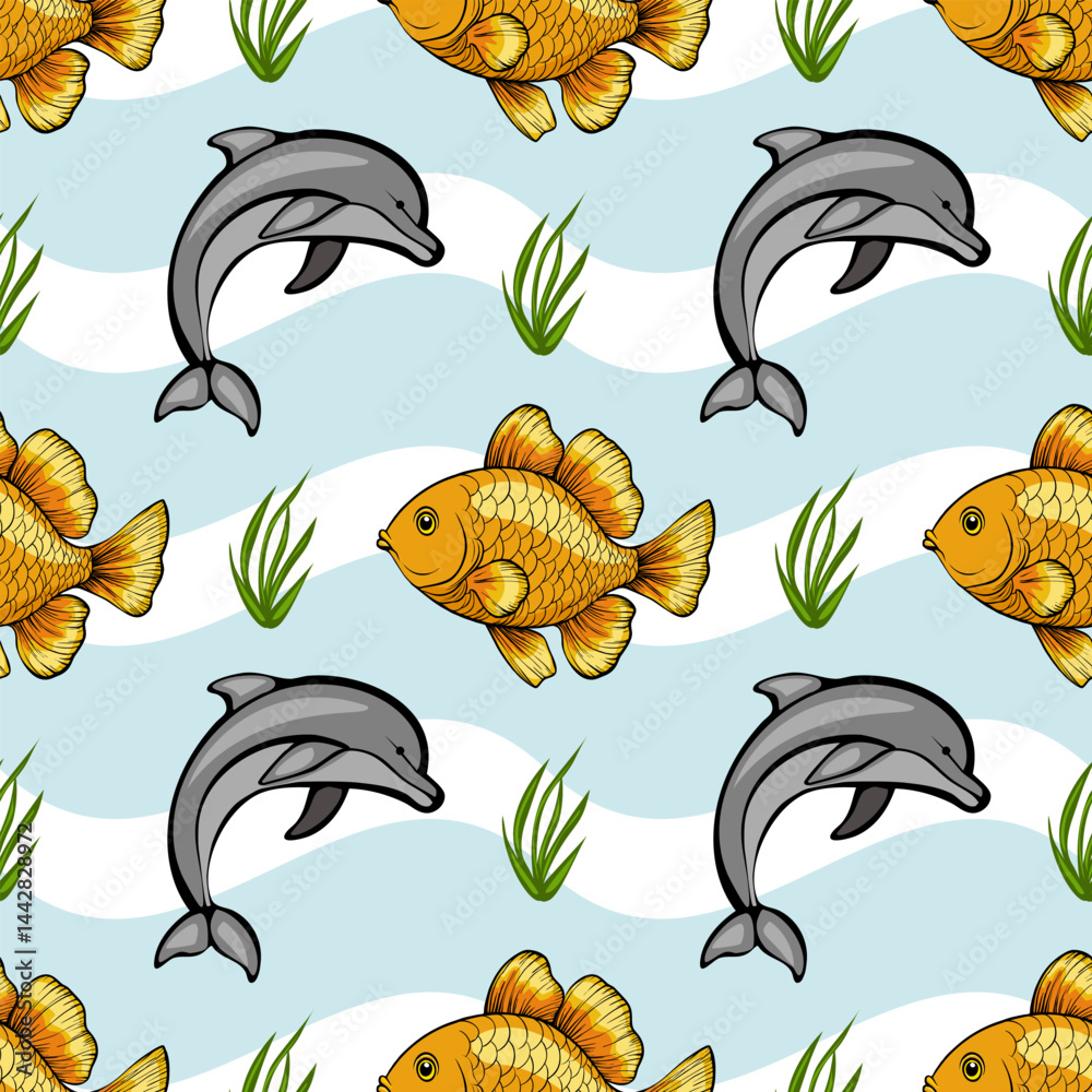 Naklejka premium A playful pattern featuring colorful goldfish and dolphins swimming among green seaweed on a light blue background with wavy lines.