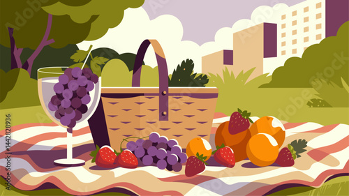 A vibrant summer picnic scene featuring a wicker basket filled with fresh fruits like grapes, oranges, and strawberries, set on a picnic blanket. The lush greenery and cityscape in the backg...