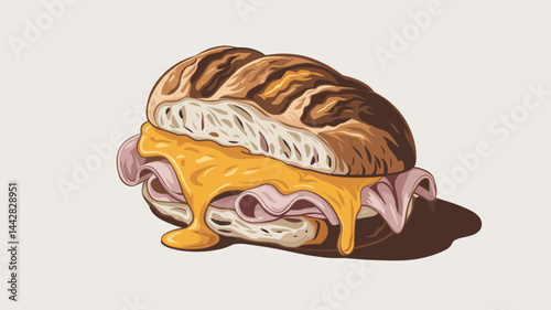 A mouthwatering vector illustration of a juicy sandwich featuring ham, melted cheese, and a toasted bun. Perfect for food-related designs.