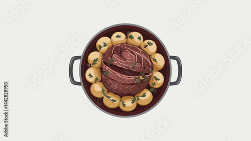 A beautifully illustrated stew featuring tender meat surrounded by evenly spaced, creamy potatoes garnished with fresh herbs. Perfect for food-related projects.