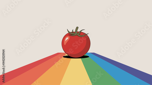 A vibrant vector graphic featuring a red tomato at the center of a rainbow-striped background. Perfect for food-related designs, marketing, and creativity.