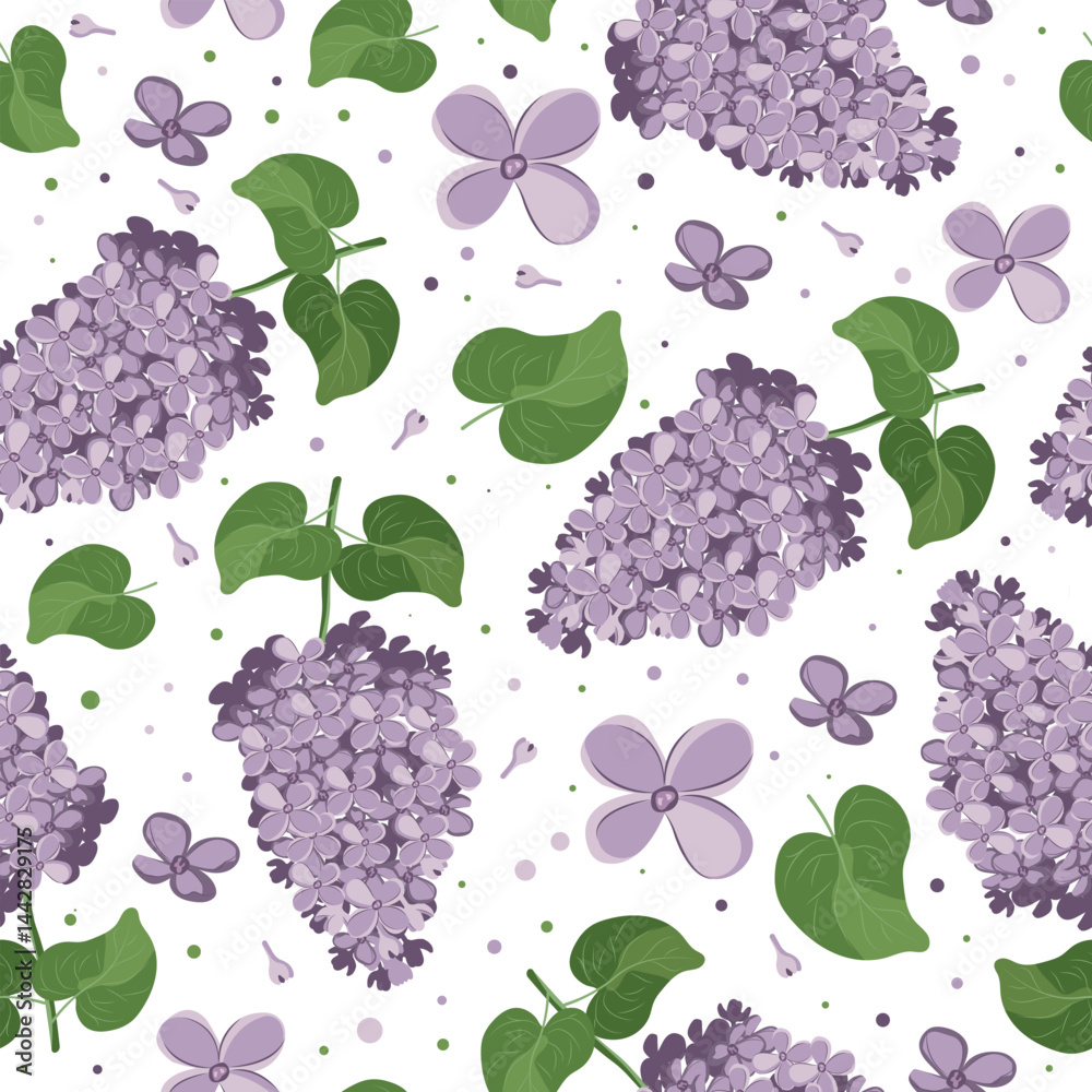 Romantic seamless vector pattern with blooming lilacs and green leaves on white background. Ideal for spring packaging, fabric prints, invitations and decor.