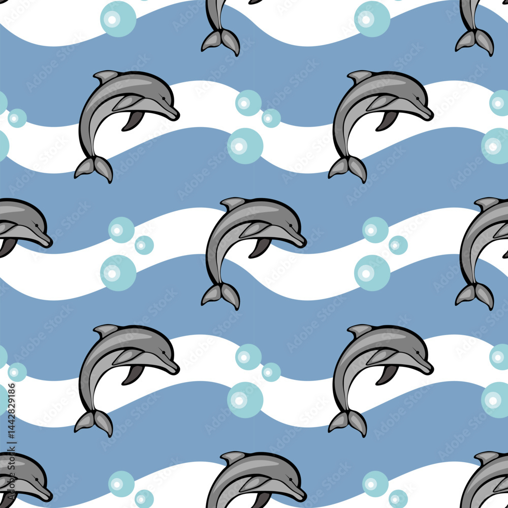 Naklejka premium A playful pattern featuring dolphins swimming against a blue background, with white waves and bubbles. The design is cheerful and suitable for children's decor or aquatic-themed projects.