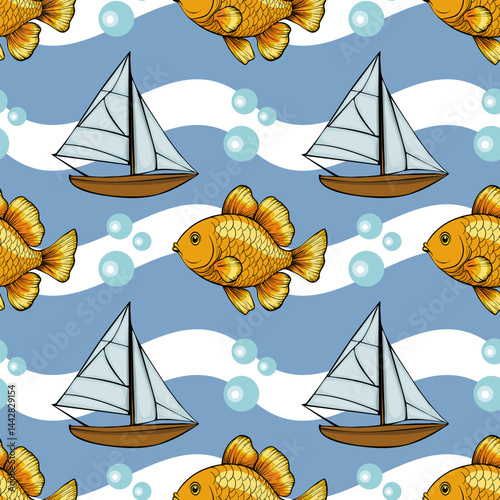 A playful pattern featuring golden fish and sailboats on a blue background with bubbles. The design is whimsical and colorful, perfect for children's decor or aquatic themes.