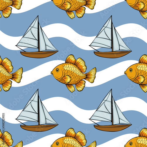 A whimsical pattern featuring goldfish and sailboats on a wavy blue background. The goldfish are vibrant and cartoonish, while the sailboats are illustrated with light sails and wooden hulls.