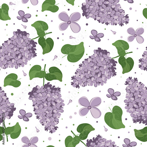 Obraz na płótnie Romantic seamless vector pattern with blooming lilacs and green leaves on white background. Ideal for spring packaging, fabric prints, invitations and decor. w salonie