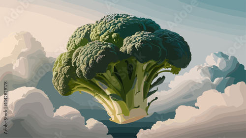 A vibrant vector illustration depicting a large broccoli floating gracefully among fluffy clouds, blending nature with a surreal ambiance. Perfect for food-related themes.