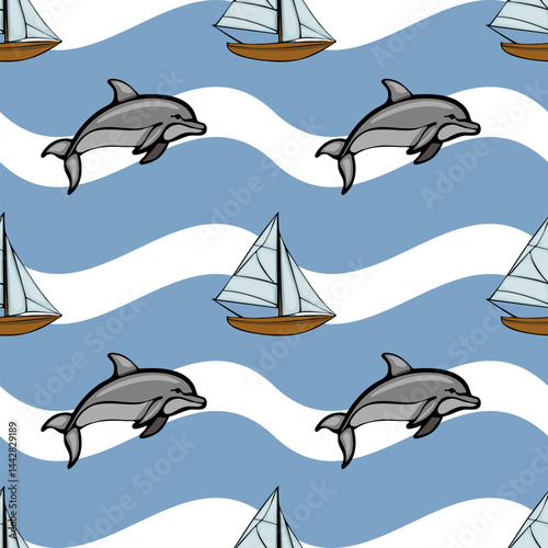 A playful pattern featuring dolphins swimming alongside sailboats on a wavy blue background. The design is cheerful and suitable for various nautical-themed projects.