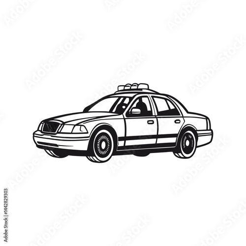 Police Car Silhouette Black Vector Illustration, Law Enforcement Vehicle Icon, Emergency Transport.