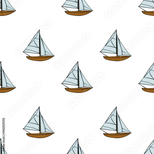 A seamless pattern featuring small sailboats with light blue sails and brown hulls on a white background. Ideal for nautical-themed designs and textiles.