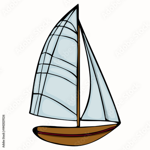 A colorful illustration of a sailboat with a brown hull and light blue sails, set against a plain background.