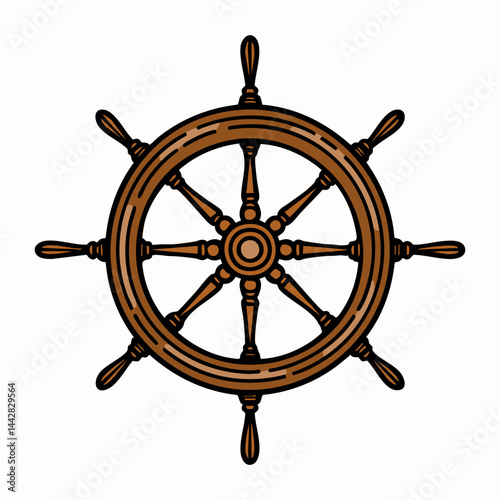 A vintage wooden ship's steering wheel with eight spokes, detailed craftsmanship, and a classic nautical design.