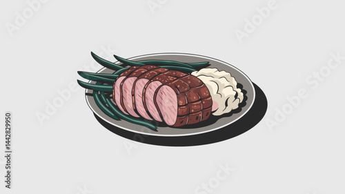 A beautifully illustrated plate of sliced roasted pork tenderloin accompanied by green beans and creamy mashed potatoes, perfect for food-related designs.