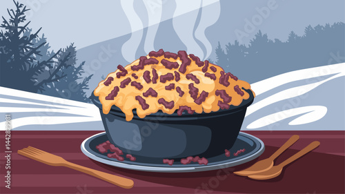 A visually appealing illustration of a steaming casserole dish filled with melted cheese and ground meat, set against a wintery landscape with snow and trees.
