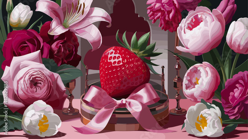 A beautiful composition featuring a luscious strawberry at the center, adorned with pink roses, lilies, and tulips, all set against a decorative background, perfect for floral or food-themed...