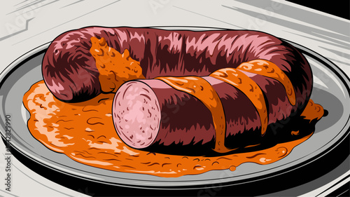 An appetizing illustration of a sausage draped in spicy sauce, set on a grey plate. This vector image captures the essence of culinary delight for food-related projects.