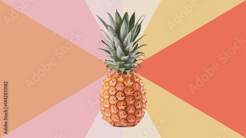 A fresh pineapple centered against a lively geometric background in pastel colors. Ideal for summer themes, food illustrations, or tropical designs.