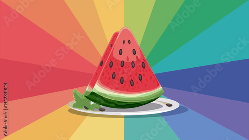 A vibrant vector illustration of a watermelon slice on a plate. The background features an eye-catching gradient with colorful rays, enhancing the freshness of the fruit.