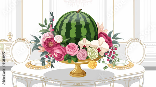 A stunning digital illustration of a beautifully arranged watermelon centerpiece surrounded by vibrant flowers on an opulent dining table, perfect for summer events and celebrations.