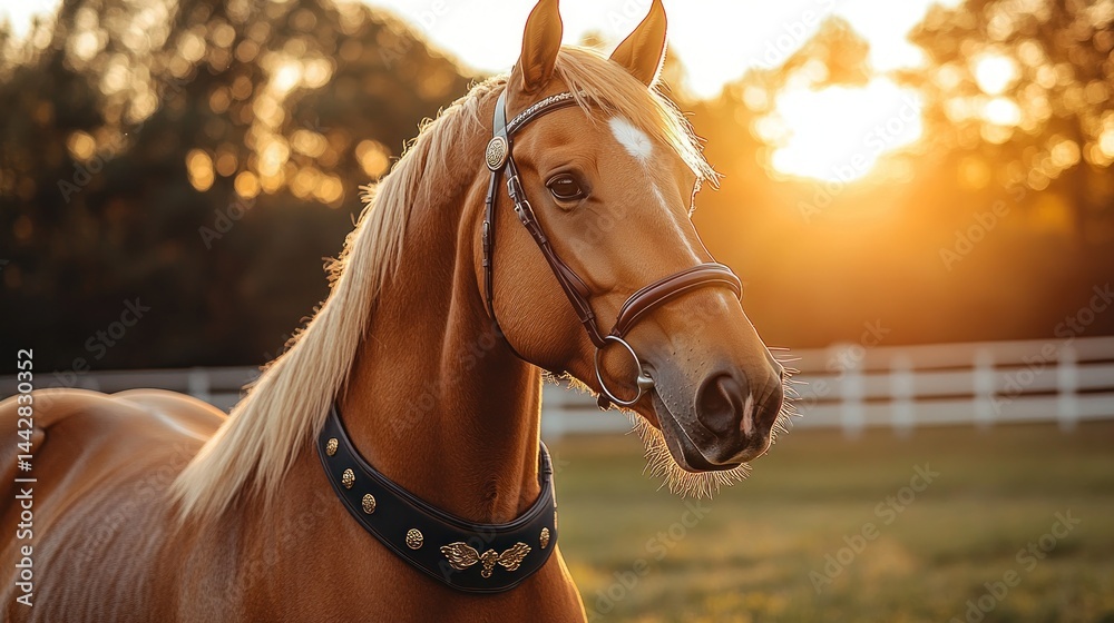 Obraz premium Golden palomino horse in sunset.