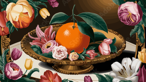 A vibrant still life illustration featuring an orange centerpiece surrounded by a variety of beautifully colored flowers in a golden plate. Perfect for home decor and food-related themes.