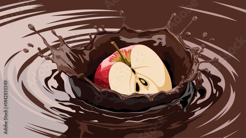 A vibrant vector illustration of a red apple creating a splash in rich chocolate. This creative artwork captures the moment of impact, showcasing the contrast of colors and textures.