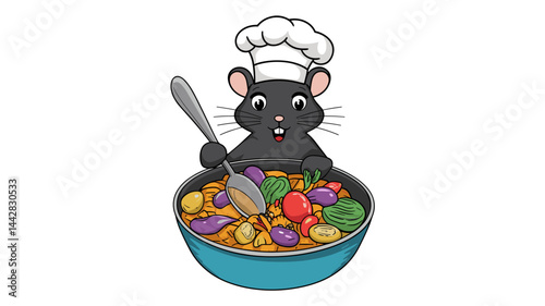 A playful cartoon mouse chef with a chef's hat joyfully stirring a bowl of vibrant vegetables and pasta. Perfect for food-related themes!