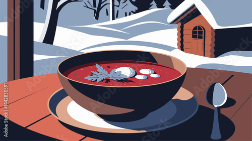 A cozy winter scene featuring a warm bowl of soup on a wooden table. The bowl is garnished with herbs, set against a snowy background with a quaint cabin.