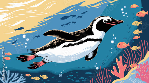 A vibrant vector illustration of an adorable penguin swimming underwater amidst colorful coral reefs and various fish species. Perfect for marine life themes.