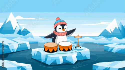 A cheerful penguin wearing a cozy hat and scarf joyfully plays drums on an iceberg. The serene icy landscape features snow-capped mountains, reflecting a fun and artistic scene.