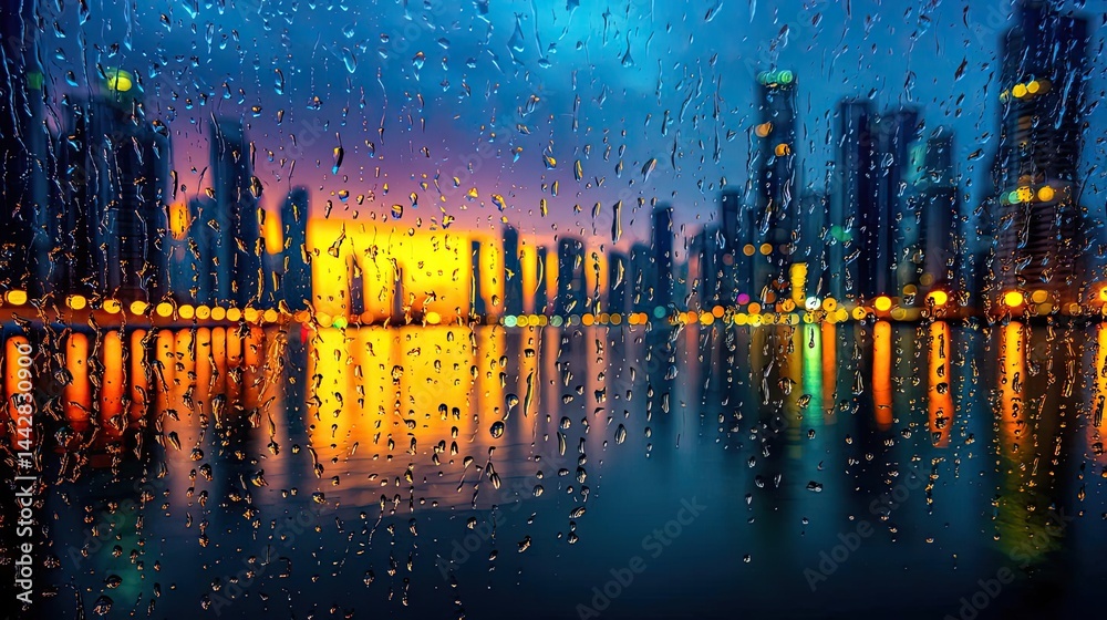Obraz premium Raindrop on a window merging city atmosphere and rain pattern concept. City skyline at sunset, viewed through rain-soaked glass.