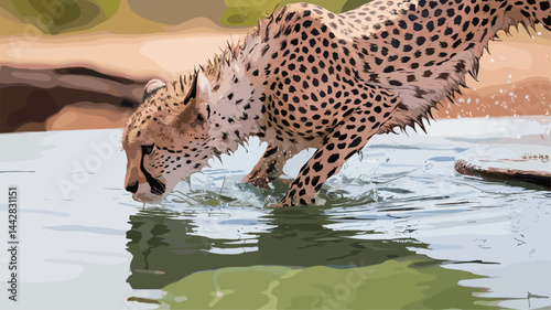 This captivating vector illustration showcases a cheetah gracefully leaping into a body of water, creating splashes. Its detailed spots and expressive features highlight the beauty of wildli...