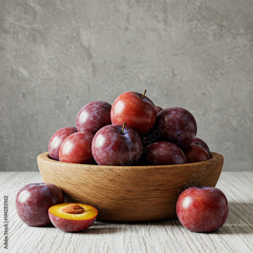 Fresh Juicy Red Plums in Rustic Wooden Bowl on White Wooden Table – High-Resolution Organic Fruit Image for Healthy Eating, Culinary Projects, and Natural Food Concepts