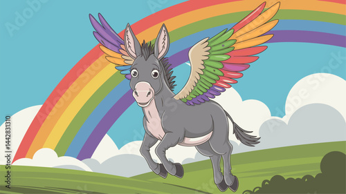 A whimsical illustration of a donkey with rainbow-colored wings soaring against a bright blue sky and vibrant rainbow, surrounded by green hills. Perfect for children's themed designs.