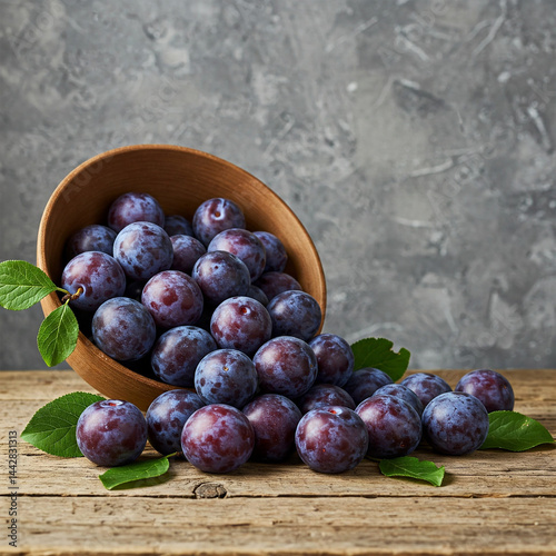 Fresh Juicy Red Plums in Rustic Wooden Bowl on White Wooden Table – High-Resolution Organic Fruit Image for Healthy Eating, Culinary Projects, and Natural Food Concepts