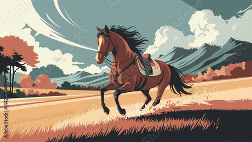 A majestic horse galloping across a golden field under a dramatic sky. The image captures the beauty of nature, featuring mountains in the background and vibrant colors that evoke tranquilit...
