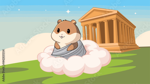 A playful cartoon hamster dressed in a toga sits on a fluffy cloud, with an ancient Greek temple in the background. Ideal for fun and creative graphics.