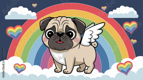 Adorable cartoon pug with angel wings standing on fluffy clouds. A vibrant rainbow and heart motifs create a cheerful backdrop, perfect for pet lovers and whimsical designs.