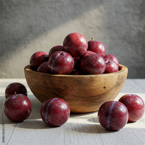 Fresh Juicy Red Plums in Rustic Wooden Bowl on White Wooden Table – High-Resolution Organic Fruit Image for Healthy Eating, Culinary Projects, and Natural Food Concepts