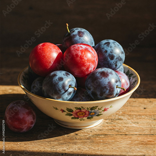 Fresh Juicy Red Plums in Rustic Wooden Bowl on White Wooden Table – High-Resolution Organic Fruit Image for Healthy Eating, Culinary Projects, and Natural Food Concepts