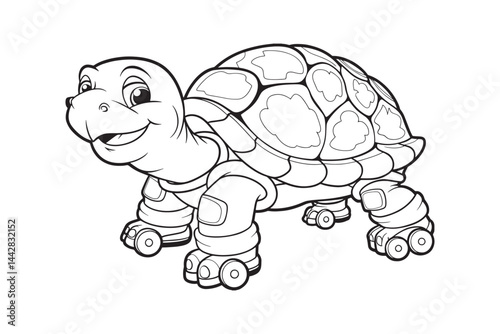 Line art illustration of a turtle rollerblading with elbow and knee pads.eps